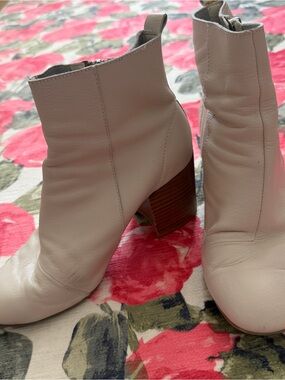 Women's Cream Leather Ankle Boots with Stacked Heel